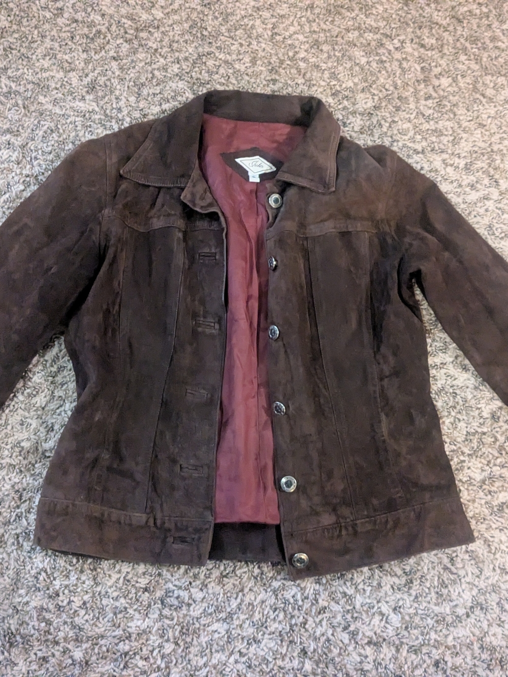 Vintage Jules Brown Suede Button Front Jacket with Burgundy Lining